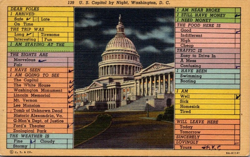 Washington D C The U S Capitol Busy Persons Correspondence Card 1948 Curteich