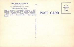 Linen Postcard The Bancroft Hotel Collins Avenue 15th St in Miami Beach, Florida 