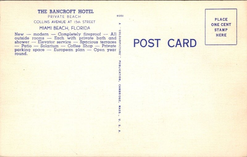 Linen Postcard The Bancroft Hotel Collins Avenue 15th St in Miami Beach, Florida 