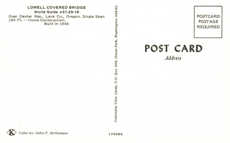 Postcard Lowell Covered Bridge Single Span Howe Construction Lane Co. Oregon OR