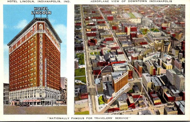 Indiana Indianapolis Downtown Aeroplane View and Hotel Lincoln 1947