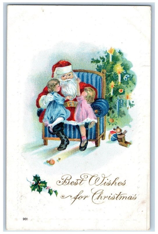 1916 Christmas Santa Claus Little Girls Christmas Tree Candles Toys Postcard