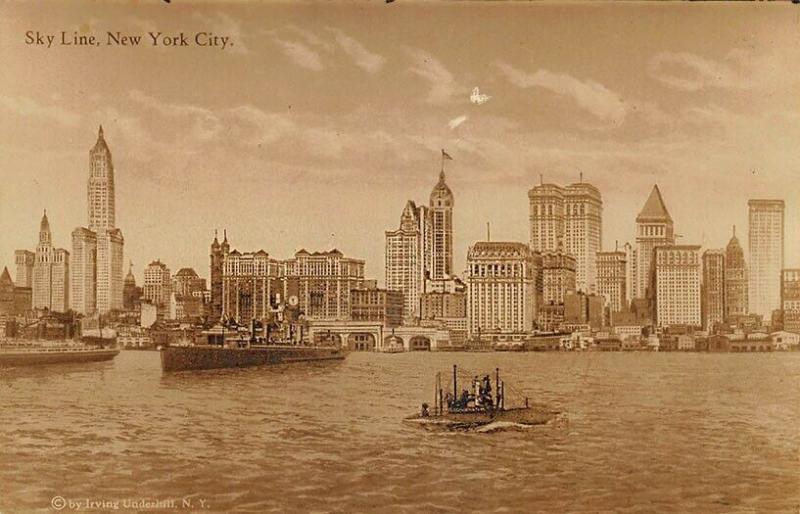 New York NY New York City Skyline Ship Boats real photo postcard.