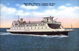 St Petersburg Florida FL Ferry Motor Ship 1930s-50s Linen Postcard