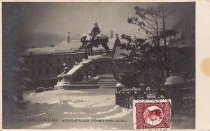 L412 Romania 1932 Cluj Napoca Kolozsvar Matthias Corvinus statue RPPC postcard