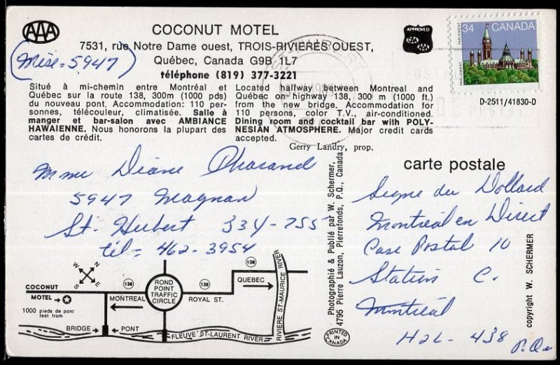Quebec Coconut Motel rue Notre Dame TROIS-RIVIERS Quest pm1985 Chrome 1950s-1970