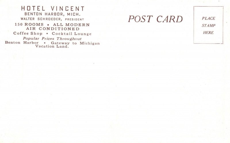 Vintage Postcard 1920's View of The Hotel Vincent Benton Harbor Michigan MI