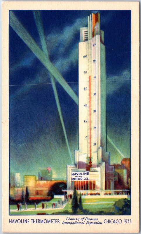 VINTAGE POSTCARD THE HAVOLINE THERMOMETER AT THE CENTURY OF PROGRESS CHICAGO '33