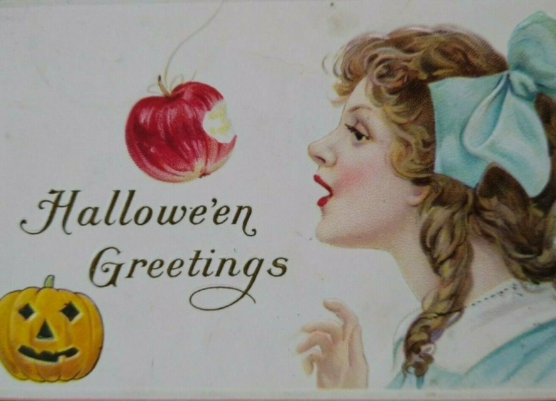 Halloween Postcard Blue Ribbon Women Apple Vintage Stecher Original Nappanee IND
