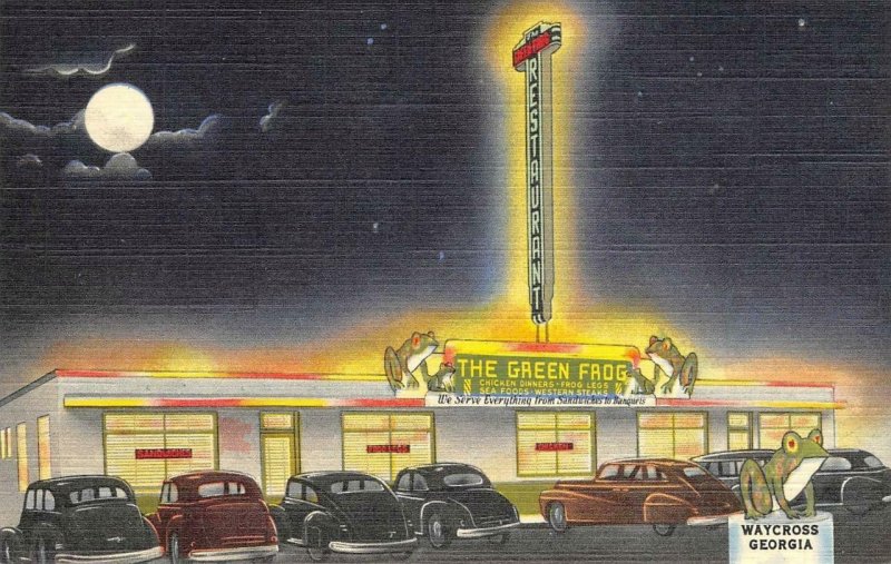 THE GREEN FROG Roadside Drive-In Diner Waycross, GA Neon c1940s Vintage Postcard