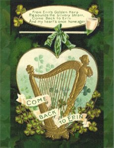 Single Saint Patrick's Day Postcards Come Back To Erin Gold Harp and Shamrocks