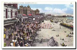 Old Postcard Atlantic City Beach and Boardwalk Scene