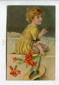 427235 BEST WISHES Girl Flower FASHION Vintage Greeting 1911 y