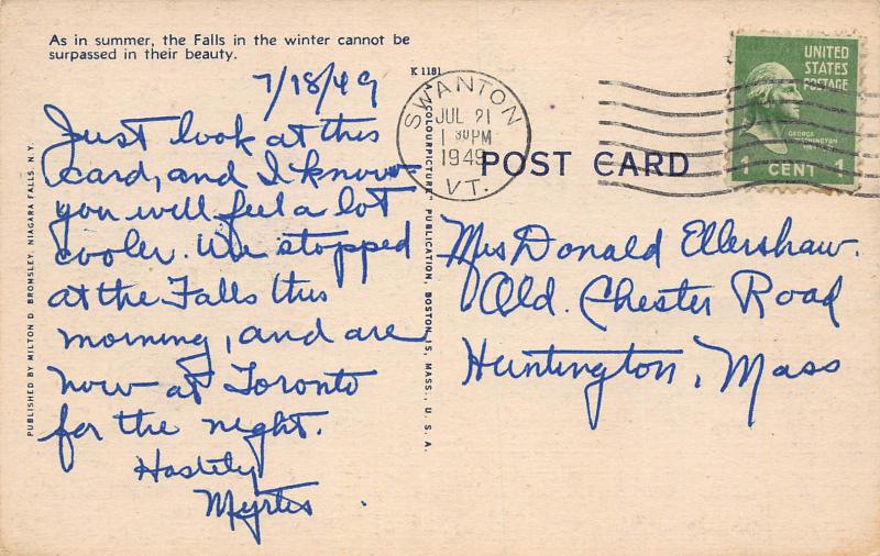 Winter Scene, American Falls, Niagara Falls, N.Y., Early Postcard, Used in 1949