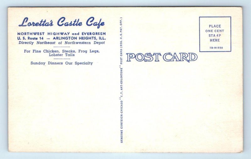 ARLINGTON HEIGHTS, Illinois IL ~ Roadside LORETTA'S CASTLE CAFE c1940s Postcard