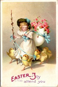 Easter PC Girl Carrying Eggshell Filled w/ Flowers Chicks on Leash Pussy Willow