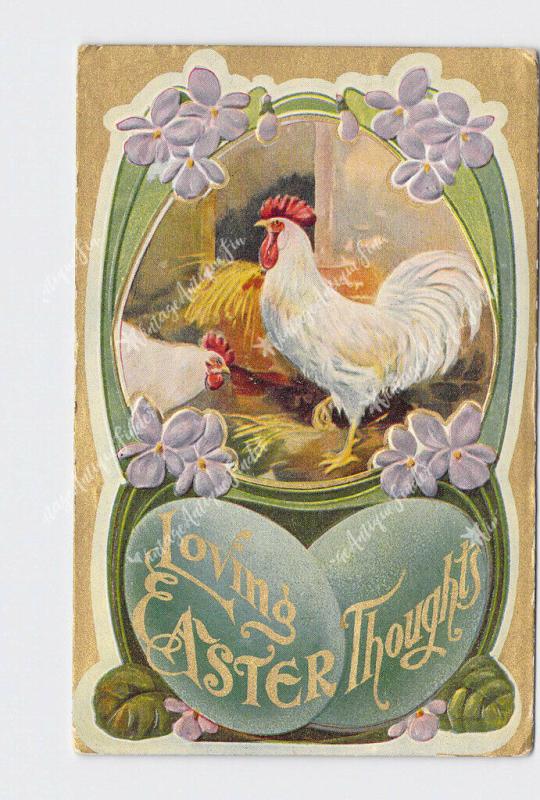 PPC POSTCARD LOVING EASTER THOUGHTS ROOSTERS WITH ART NOUVEAU FLOWER BORDER EMBO