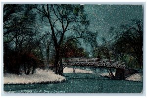 1912 Bridge at Night Scene Lincoln Park In A Snow Storm Chicago IL Postcard