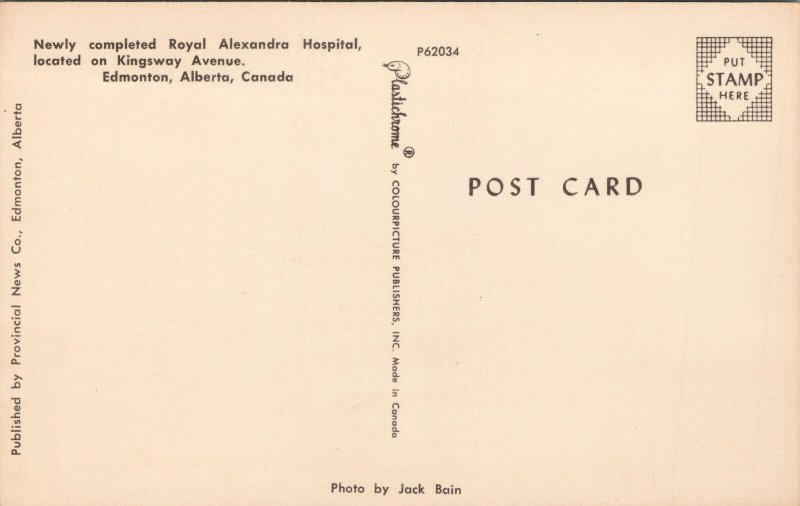 Newly Completed Royal Alexandra Hospital Edmonton Alberta Postcard PC411