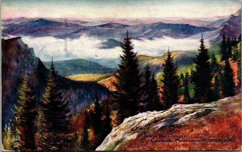 Vtg Above The Clouds Cascade Mountains Washington WA 1910s Tuck Oilette Postcard