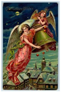 1910 Christmas Floating Angels Giant Bell Gel Gold Gilt Kingston NY Postcard