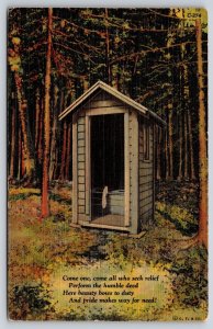Comic~Come One & All Who Seek Relief~Outhouse In Forest Scene~Vintage Postcard