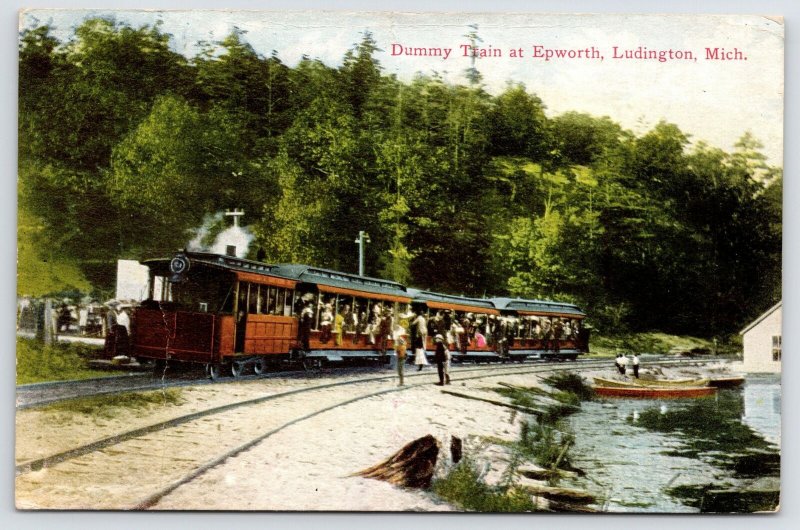 Ludington & Northern Dummy Train Passes Station Full of Passengers~Michigan PC 