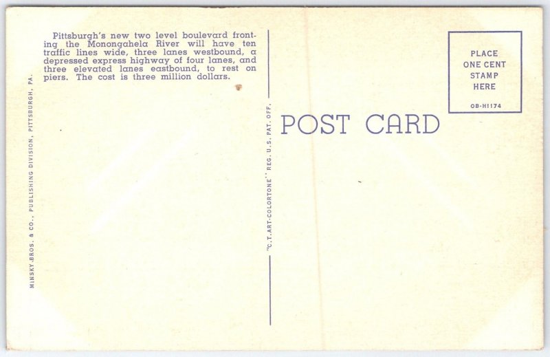 Vintage Pittsburgh Riverfront Boulevard and Skyline Linen Postcard