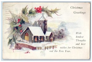 1920 Christmas Greetings Holly House Church Aurora Illinois IL Antique Postcard 