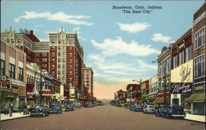 Gary Indiana IN Broadway Street Scene Classic Cars Vintage Postcard