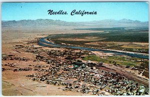 c1950s Needles, CA Aerial Birds Eye View Postcard Downtown Railway Calif Vtg A91
