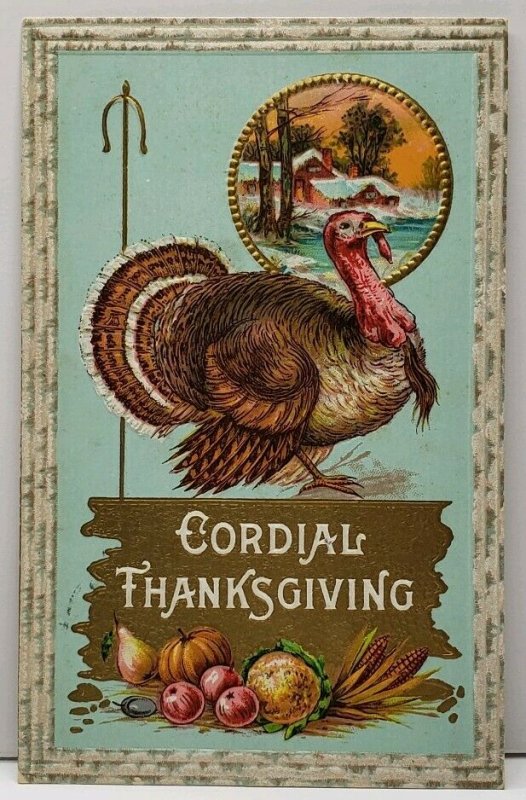 Cordial Thanksgiving Turkey Rustic Embossed Gilded 1912 Lodi Wis Postcard C14