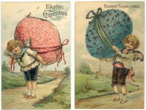 Easter Greetings Pair YOUNG ANGELS CARRY LARGE EGGS