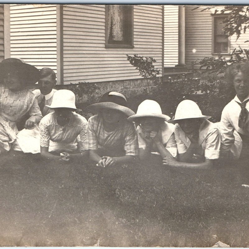 c1910s Tranquil Sunny Day Women & Boy w/ Dog RPPC Sunhat Girls Real Photo A142