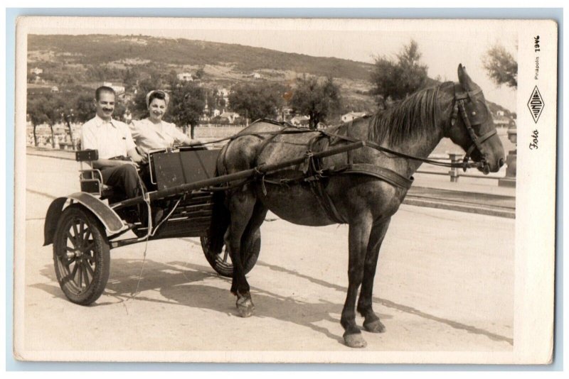 1946 Cute Couple Horse Ride Tourism Piriápolis Uruguay RPPC Photo Postcard