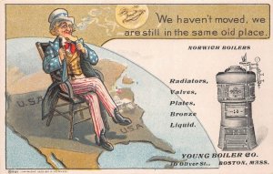 YOUNG BOILER CO BOSTON MASSACHUSETTS MOON UNCLE SAM TOBACCO AD POSTCARD (c.1910)