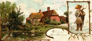 1880's Boy Farmer Lovely Raphael Tuck Victorian Christmas Card P143