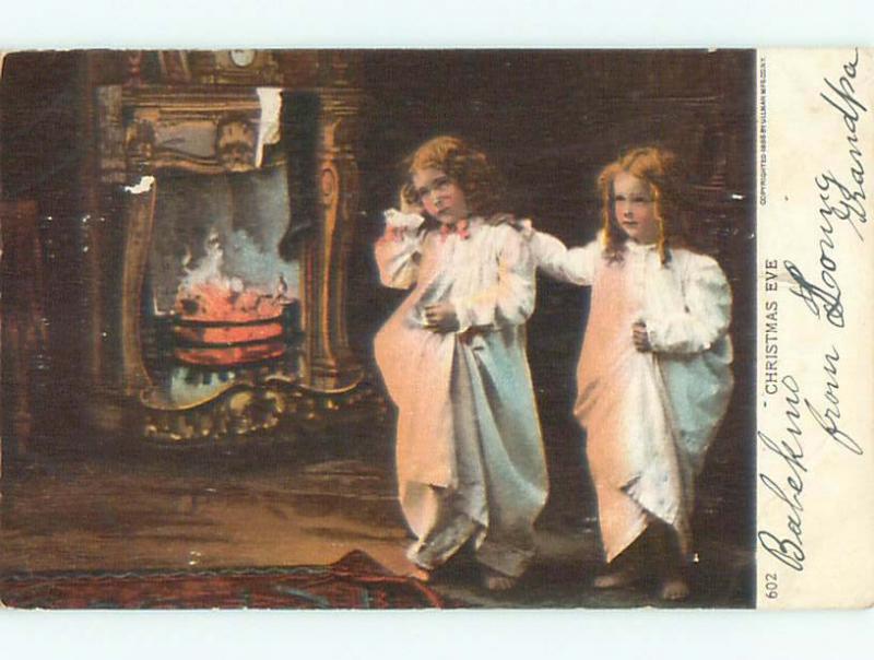 Pre-1907 TWO GIRLS IN NIGHTGOWNS ON CHRISTMAS EVE BY FIREPLACE o3237