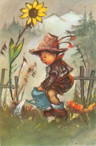 Alfred Mainzer Postcard Little Boy Watering Sunflower, Little Folks 674