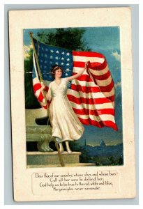 Vintage 1900's Patriotic Postcard Woman Holding American Flag - Patriotic Poem