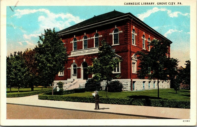 Postcard PA Grove City Man Reading Newspaper front of Carnegie Library C.1920 M8