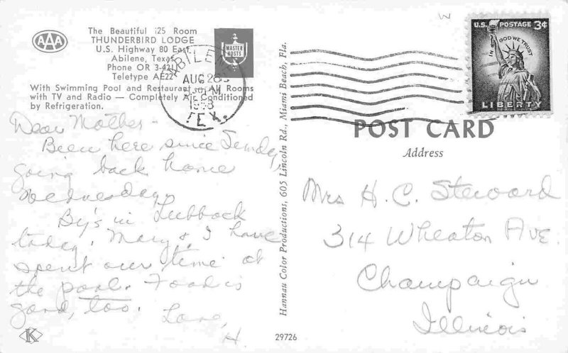 Thunderbird Lodge Motel US 80 Abilene Texas 1958 postcard