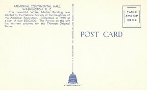 Vintage Postcard Memorial Continental Hall Washington DC White Marble Building 