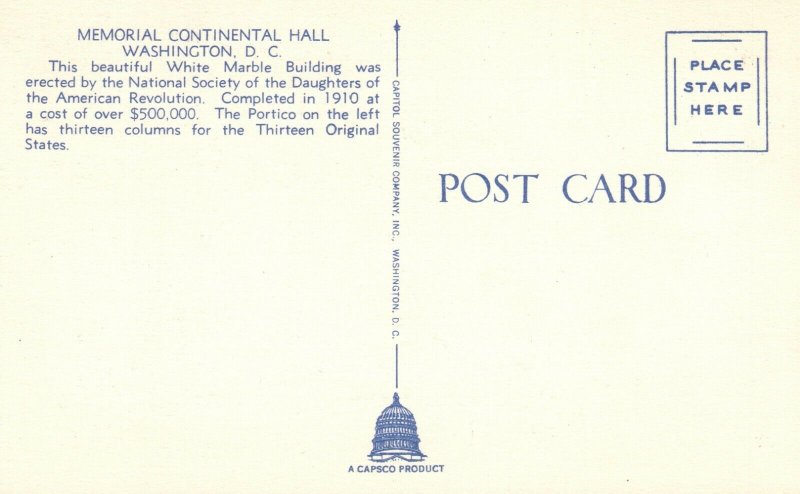 Vintage Postcard Memorial Continental Hall Washington DC White Marble Building 