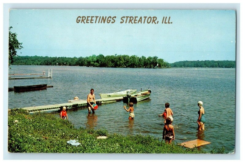 Greetings Streator Illinois IL, Family Vacationland Scene Swimming Postcard 