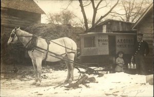 Delivery Wagon Horse Drawn Sleigh AF Cobb Milk Man Holding Bottles c1910 RPPC