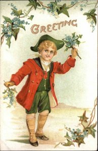 Little Boy with Flowers Greeting c1910 Vintage Postcard