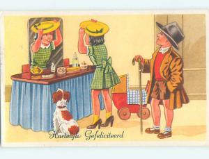 1962 foreign DOG WATCHES CUTE DUTCH GIRL TRY ON HAT IN THE MIRROR o7015