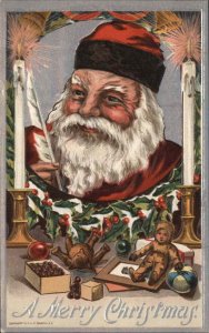 Christmas Santa Claus Teddy Bear Box of Chocolates Doll c1910 Postcard