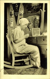 RPPC Woman in Nightgown Cap Rocker Sitting Vanity Bedroom Real Photo Postcard